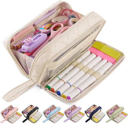Large Capacity Pencil Case with 9 Compartments, Beige