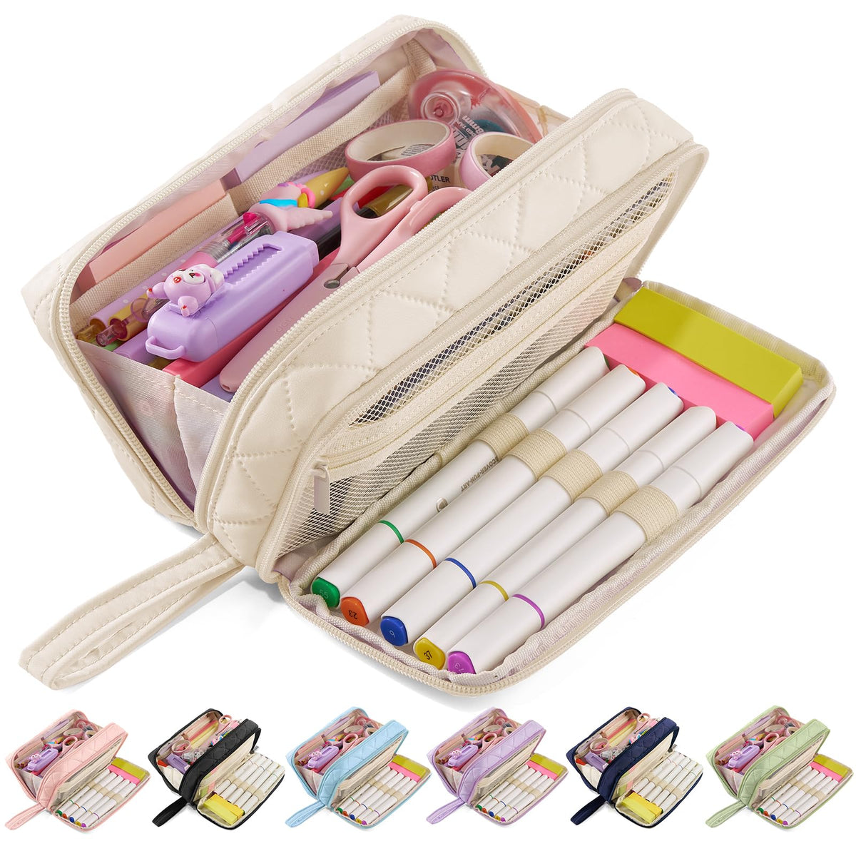 Large Capacity Pencil Case with 9 Compartments, Beige