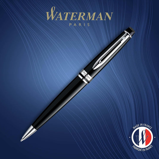 Waterman Expert Ballpoint Pen, Gloss Black with Chrome Trim, Medium Tip, Blue Ink, Luxury Pen in Gift Box - Supreme Writing Comfort, Signature Style, Polished, Professional