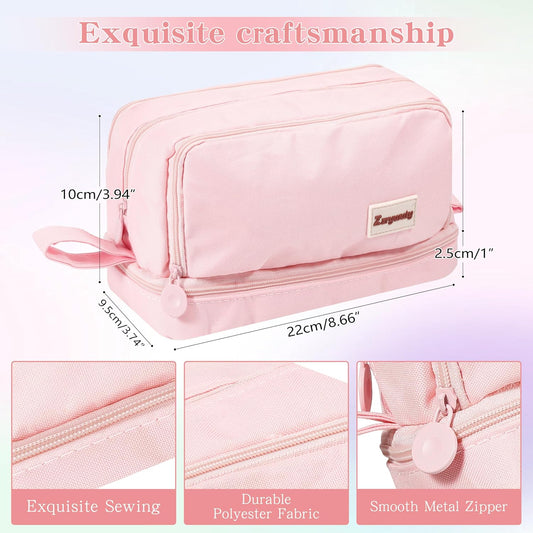 Zzrywuty Pink Large Capacity Pencil Case 4 Compartments,Pencil Pouch with Zipper Portable Handle for Teens Adults Aesthetic Pencil Bag Stationery Organizer Pen Pencil Case with Handle for School