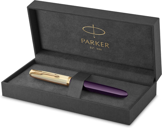Parker 51 Fountain Pen | Deluxe Plum Barrel with Gold Trim | Fine 18k Gold Nib with Black Ink Cartridge | Gift Box